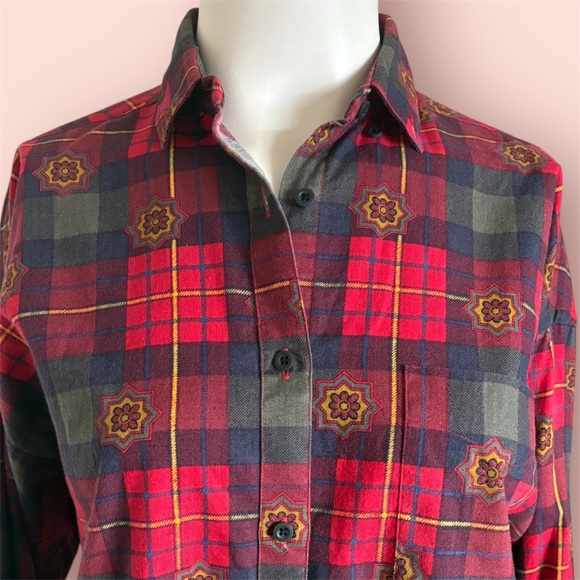 Vintage Tops - Vintage 80’s Plaid Star Floral Button Down Shirt Sz L